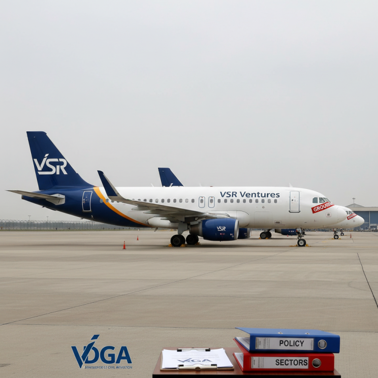 An airplane on a tarmac with "GROUNDED" label, and "POLICY" and "SECTORS" binders.