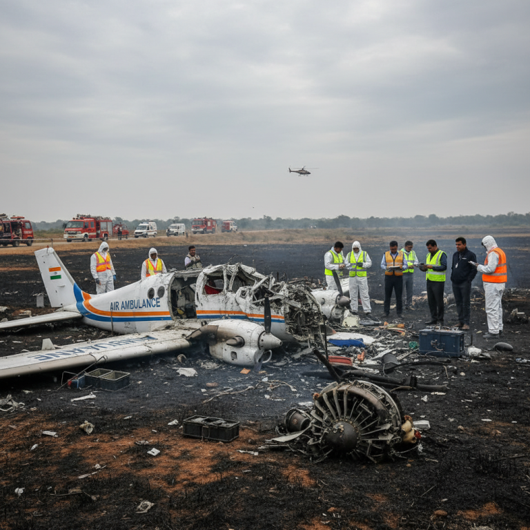Investigators examine the wreckage of a crashed air ambulance on a scorched field, with emergency vehicles in the background.