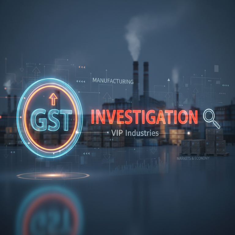 A stylized image showing "GST" in a neon circle, "INVESTIGATION" highlighted, and a factory background, with text "VIP Industries", "Manufacturing", "Markets & Economy".