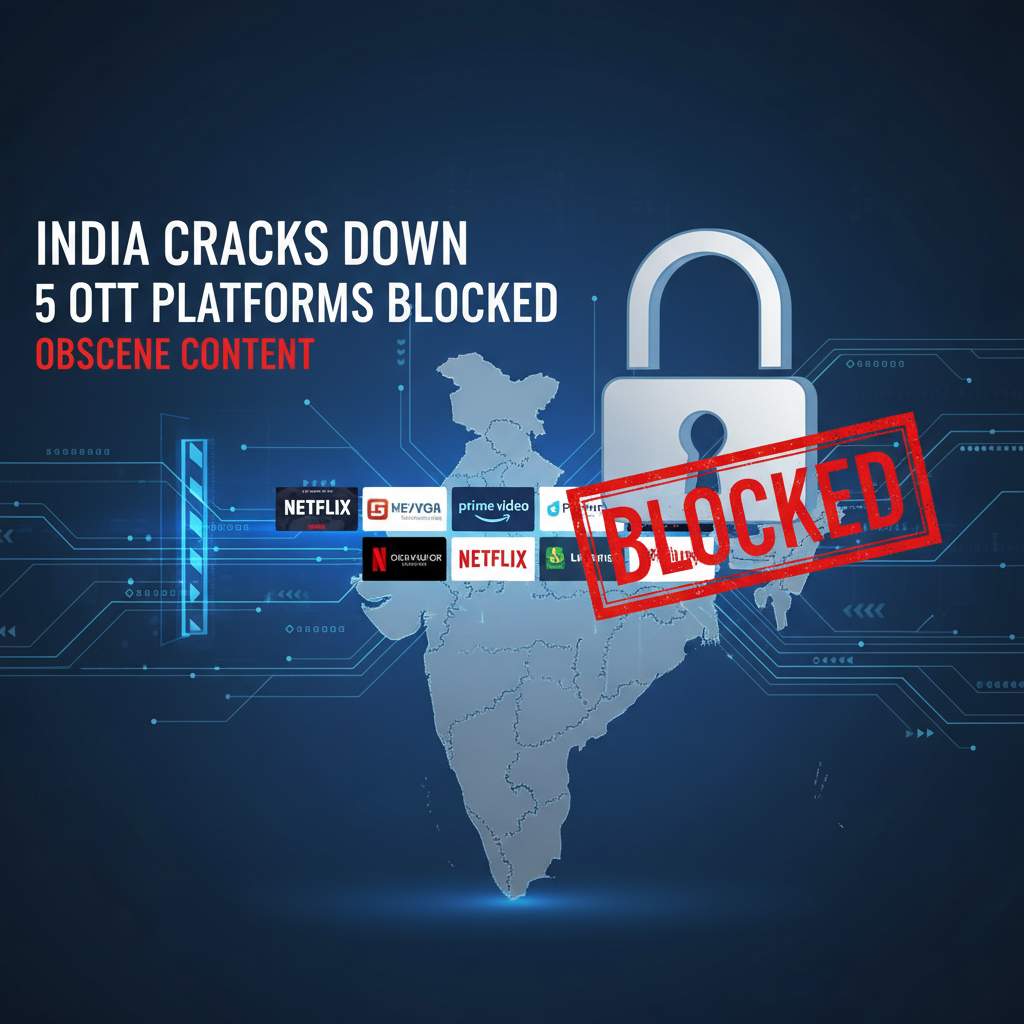 A visual representing India's crackdown on 5 OTT platforms for obscene content, with a map of India, streaming logos, and a "BLOCKED" stamp.