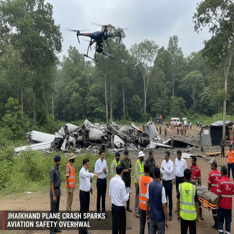 A drone hovers over a plane crash site with officials and debris scattered in a wooded area.