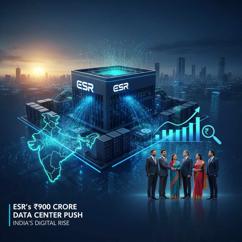An image showing a futuristic data center with the ESR logo, a map of India, and business people shaking hands.