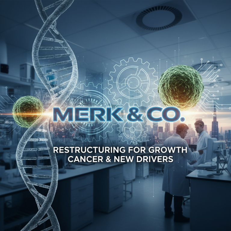 A professional image showing scientific research with DNA strands, cells, and scientists, representing Merck's strategic shift.