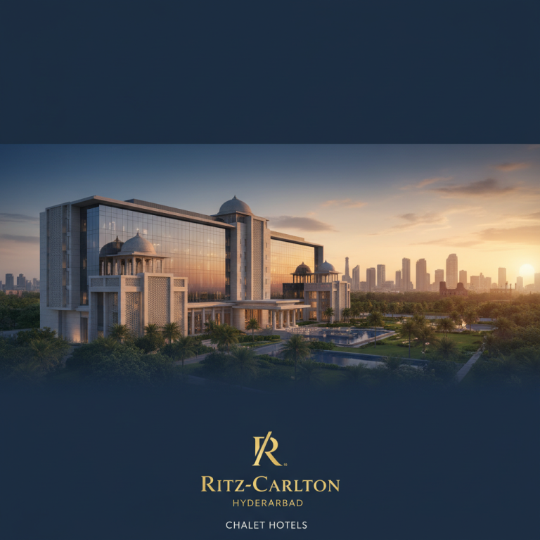 A modern Ritz-Carlton hotel in Hyderabad with traditional architectural elements, set against a city skyline at sunset.