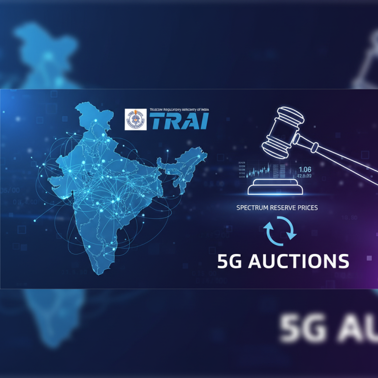 An image symbolizing TRAI's role in 5G spectrum auctions in India, featuring a map of India, a gavel, and 5G icons.