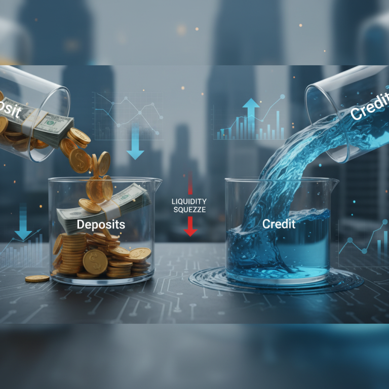 A visual metaphor showing "Deposits" (money flowing into a beaker) decreasing while "Credit" (water filling another beaker) increases.