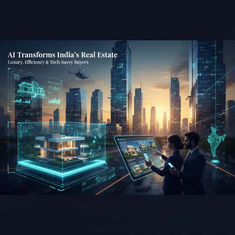 A professional image showing AI and technology in India's real estate sector with modern buildings and digital interfaces.