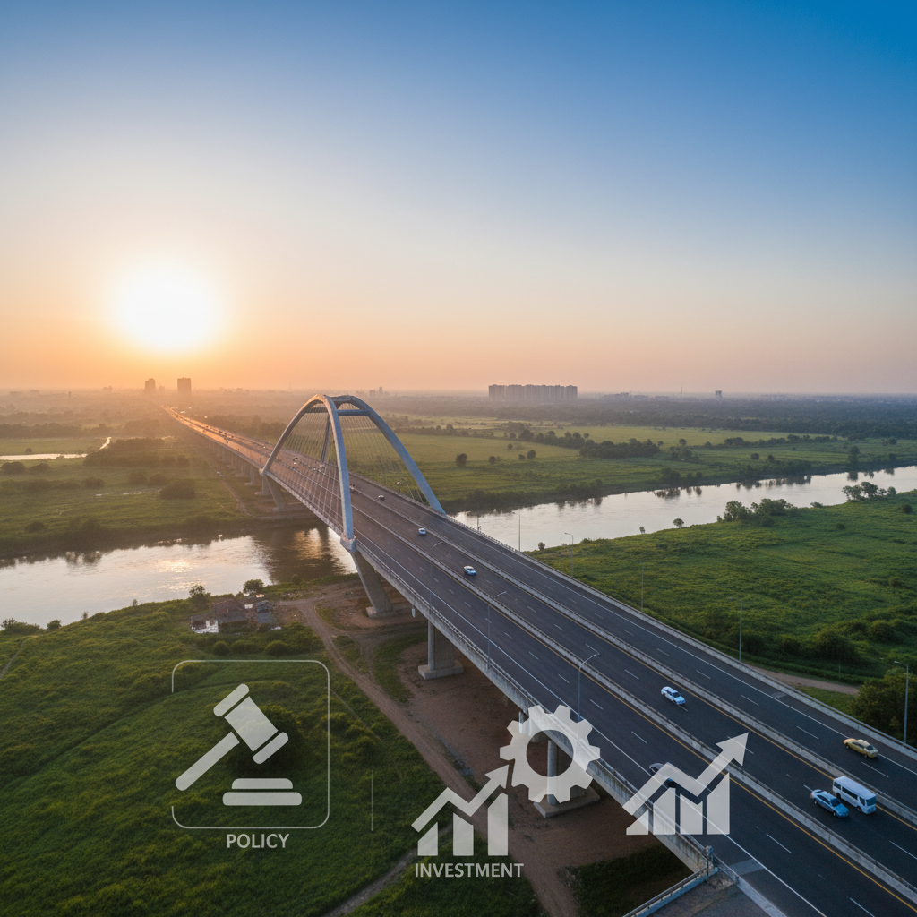 Aerial view of a modern bridge at sunset with policy, investment, and growth icons.