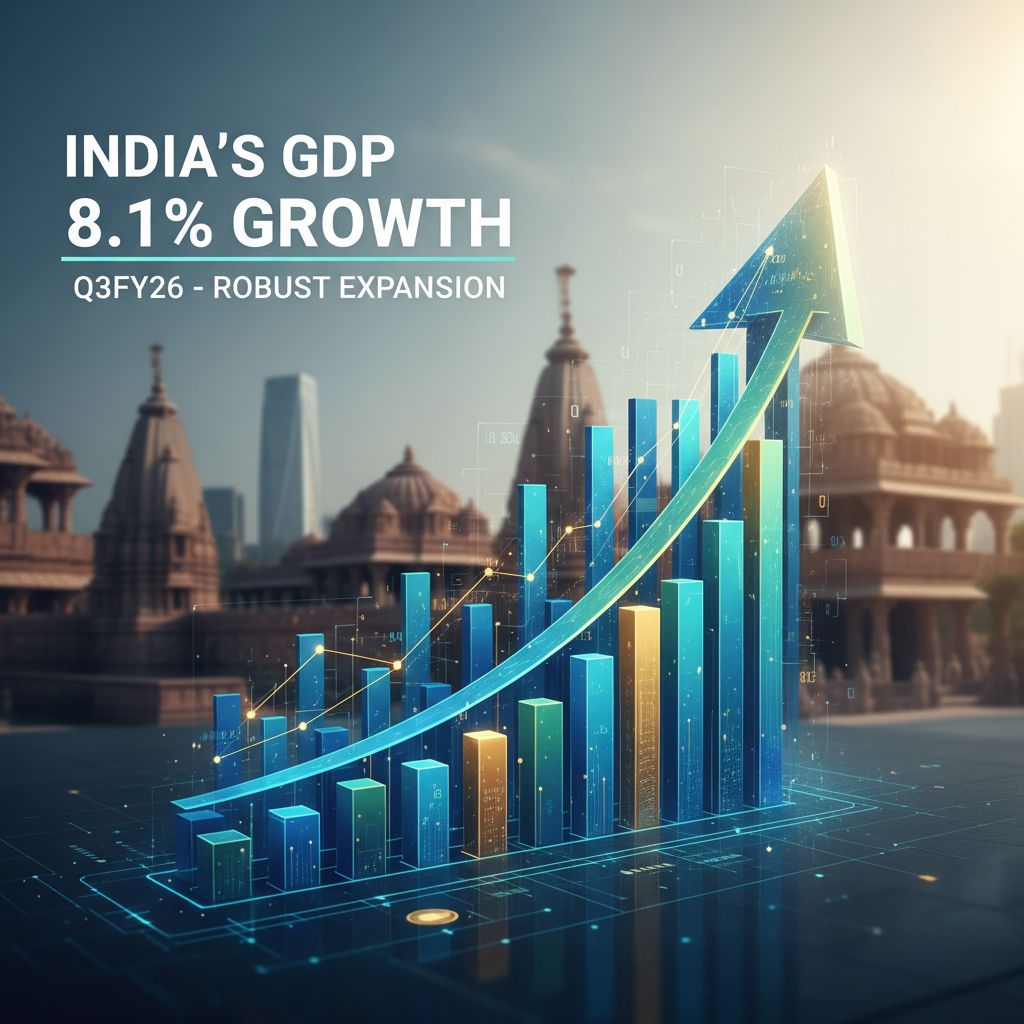 A modern infographic showing an upward-trending bar chart and arrow over a backdrop of Indian architecture.