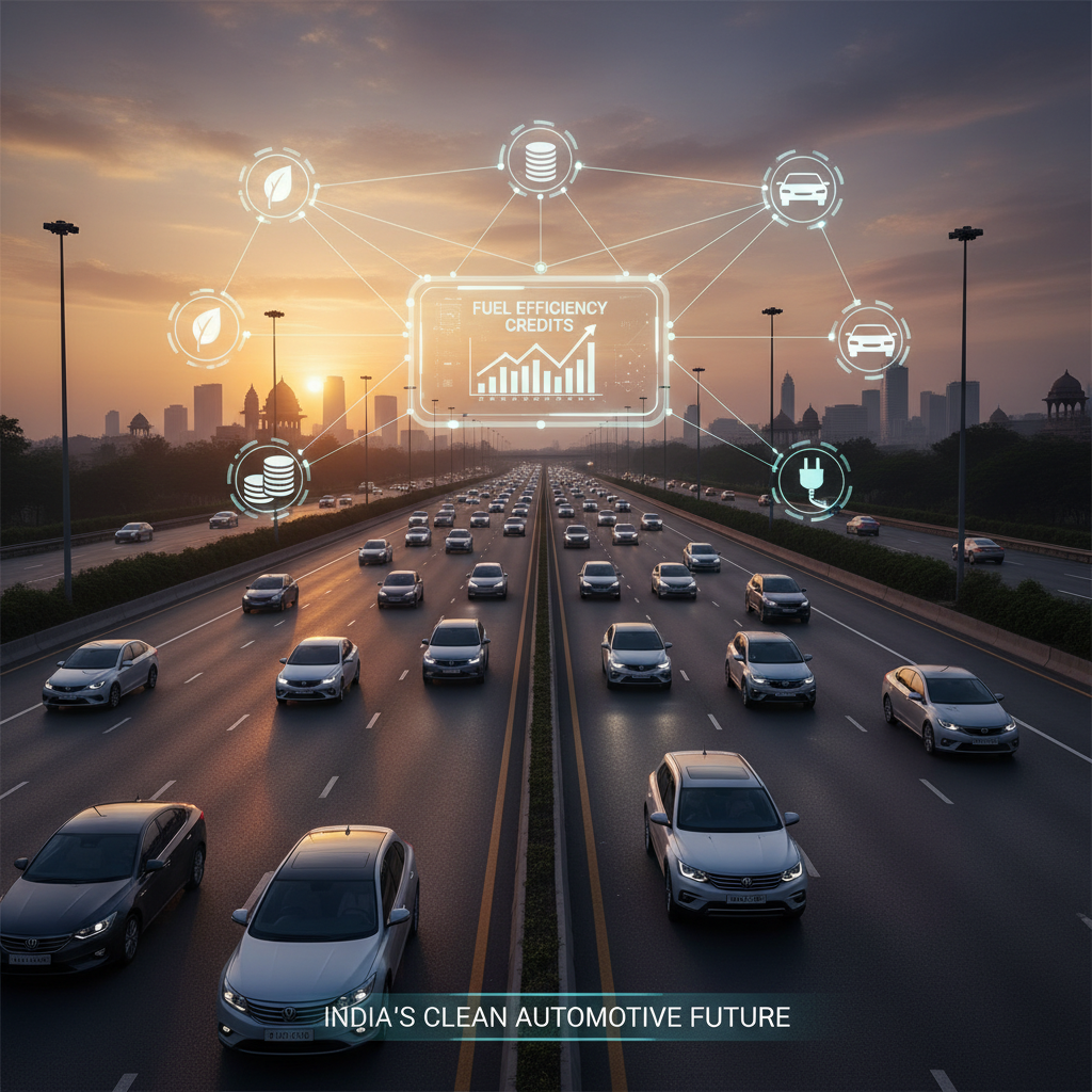 A professional, high-angle shot of a multi-lane highway in India at sunset, with numerous modern cars.