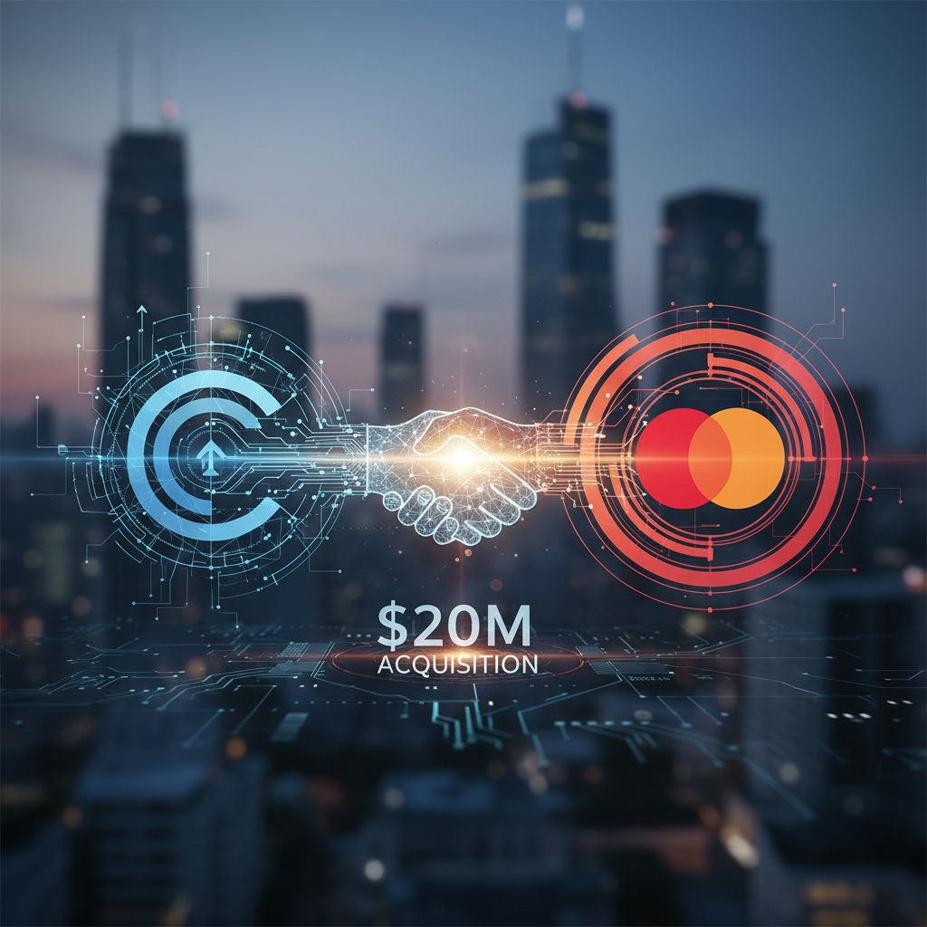 Digital handshake symbolizing the acquisition, with company logos, over a blurred city skyline.