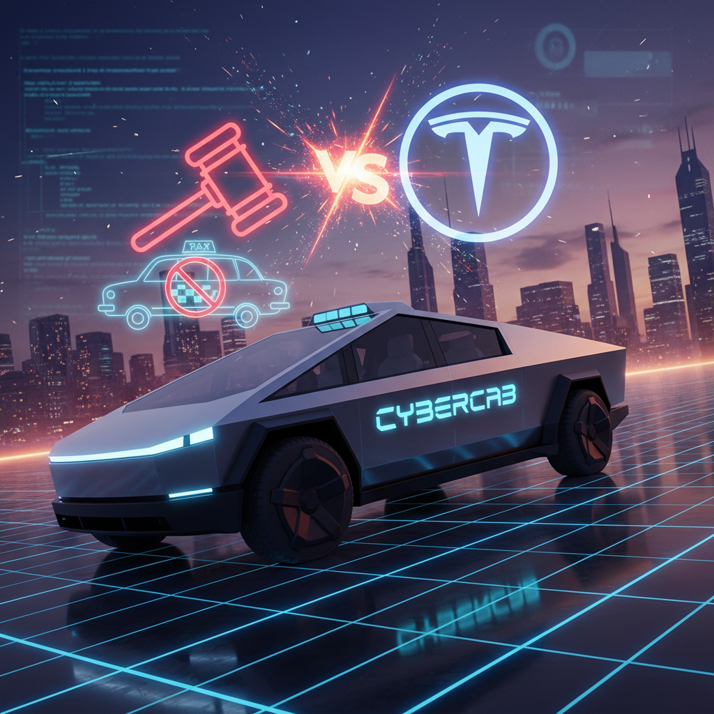 A Tesla Cybercab with "Cybercab" lit on its side, a "VS" graphic, a gavel over a crossed-out taxi, and the Tesla logo.