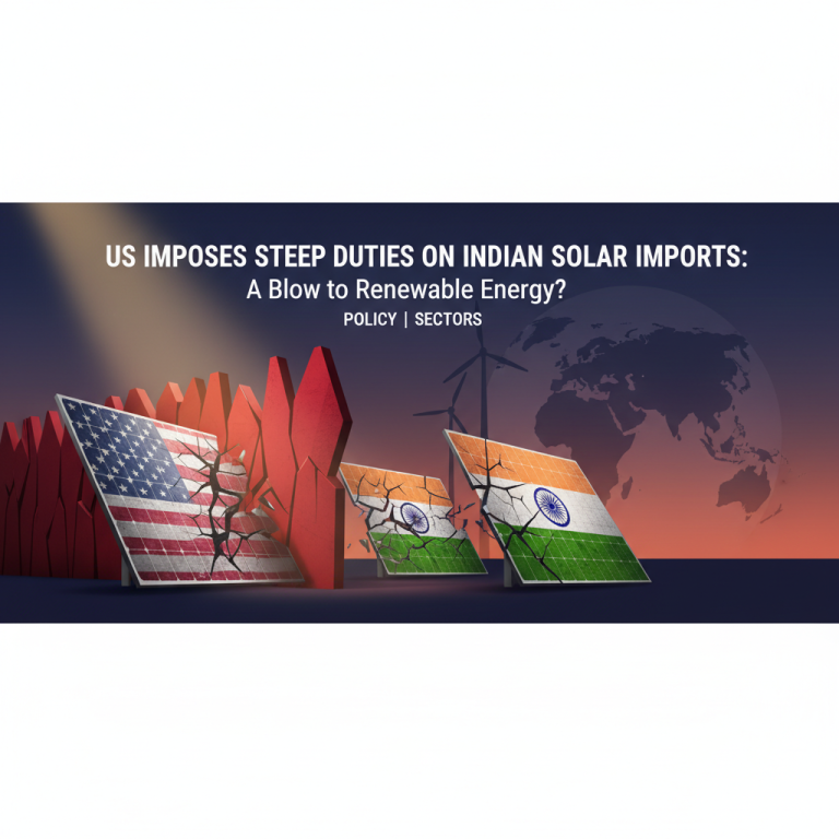 Broken solar panels with US and Indian flags, separated by a red wall, symbolizing trade barriers.