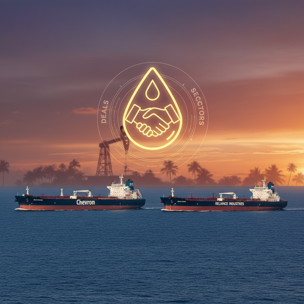 Two oil tankers, one branded Chevron and the other Reliance Industries, sailing at sunset with an oil rig.