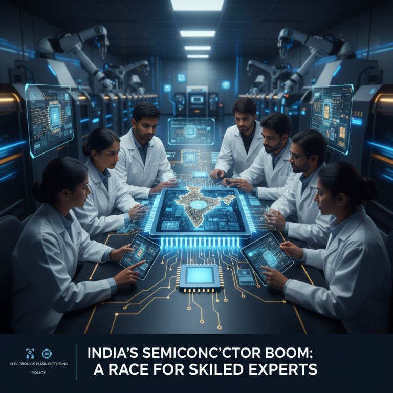 Professionals in a high-tech lab studying a holographic map of India on a semiconductor chip, signifying growth.