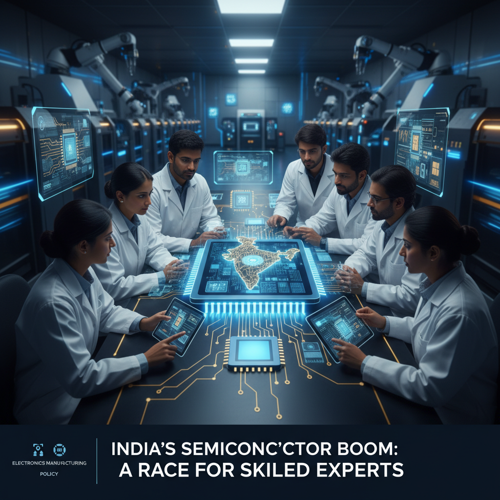 Professionals in a high-tech lab studying a holographic map of India on a semiconductor chip, signifying growth.