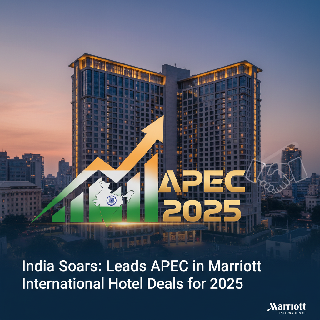 A modern hotel building at sunset with a rising bar graph overlaid, depicting India's flag colors and "APEC 2025".