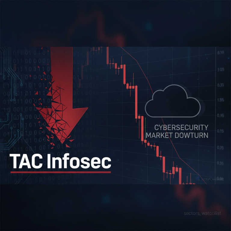 A digital image showing a downward trend with a red arrow, binary code, and a stock chart, signifying a cybersecurity market downturn.