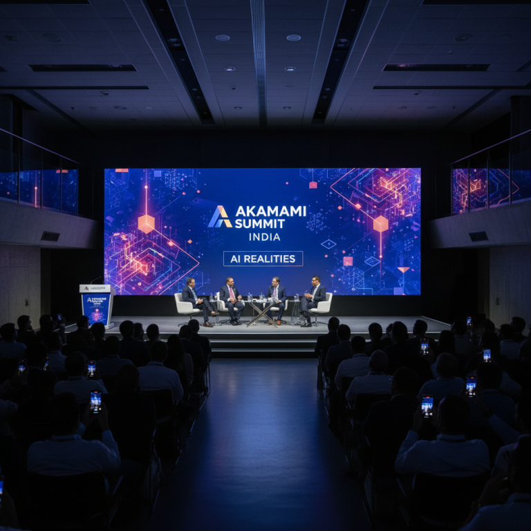 Four male speakers on a stage during the Akamai Summit India, with a large screen displaying "AI Realities" and a digital pattern.
