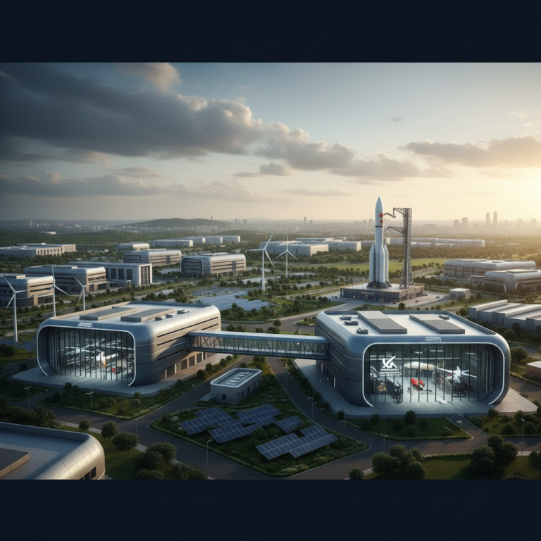 An aerial view of a futuristic defense and aerospace manufacturing park with modern buildings, wind turbines, and a rocket.