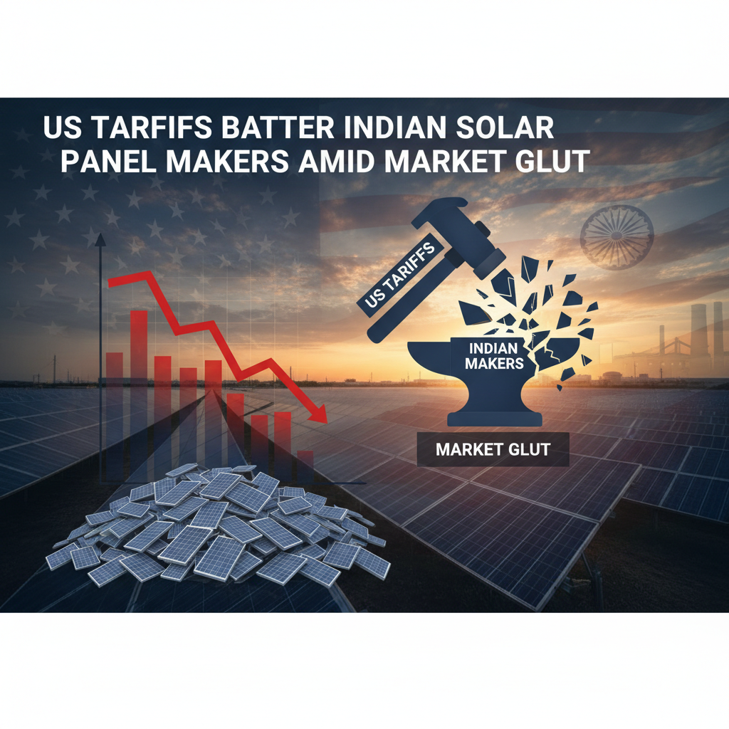 A visual metaphor showing a hammer labeled "US Tariffs" breaking an anvil labeled "Indian Makers" amidst a solar farm.
