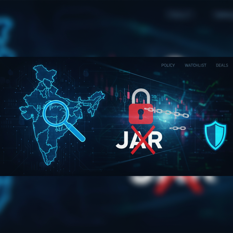 A digital illustration showing India's map with a magnifying glass, a locked chain, a shield icon, and the word "JAR" with a cross over it.