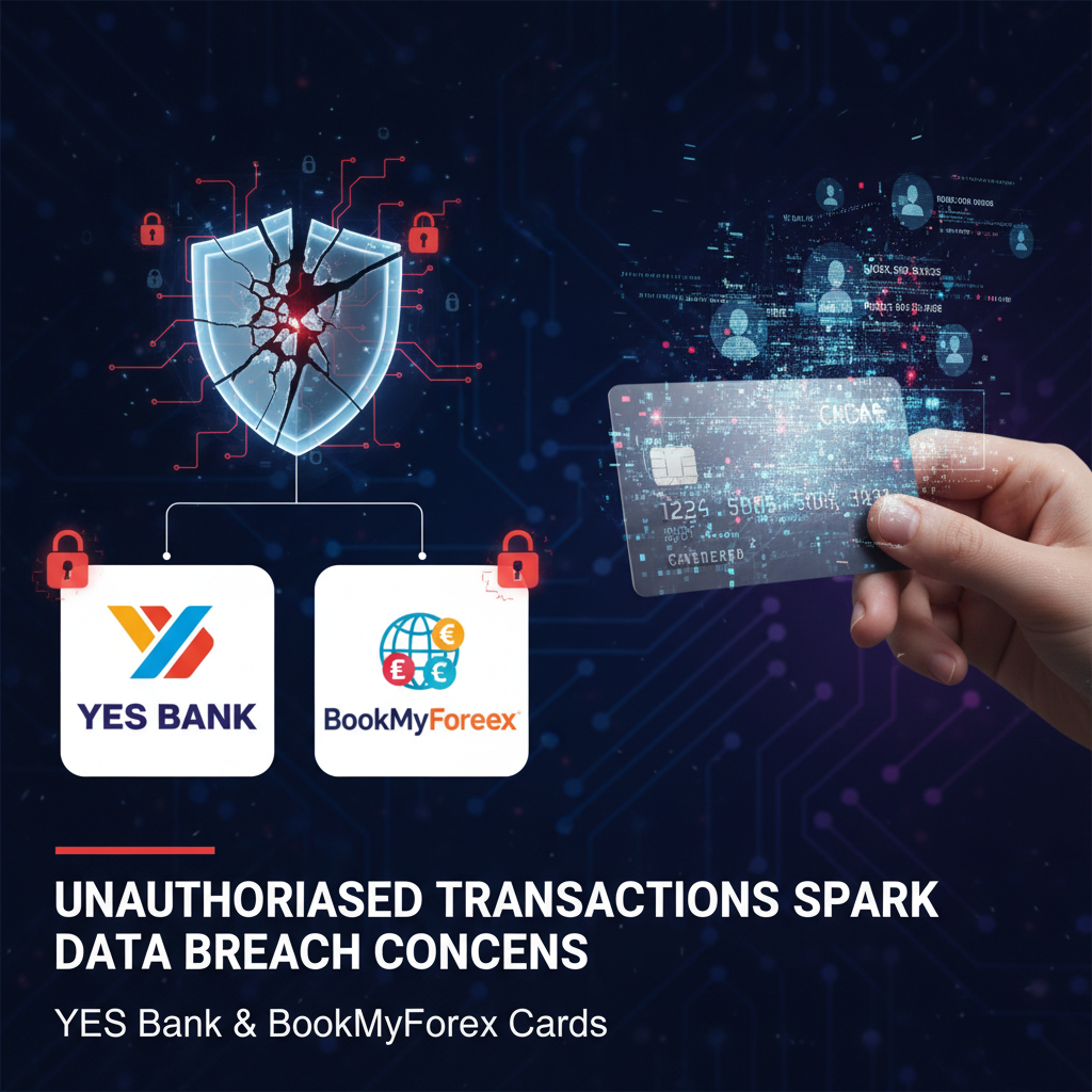 A shattered shield icon representing a data breach, connected to credit cards with the YES Bank and BookMyForex logos.