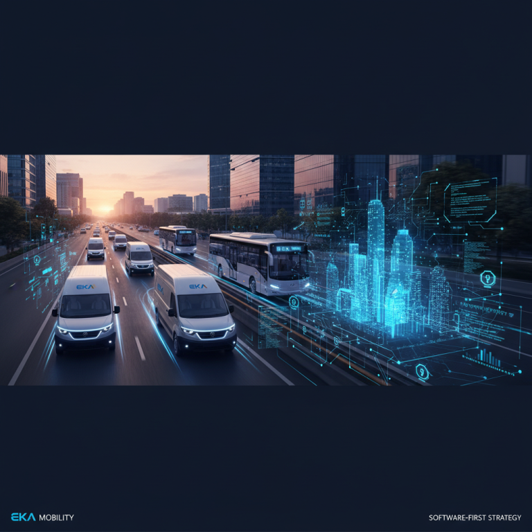 Electric EKA Mobility vans and buses on a city road with a glowing holographic smart city overlay.