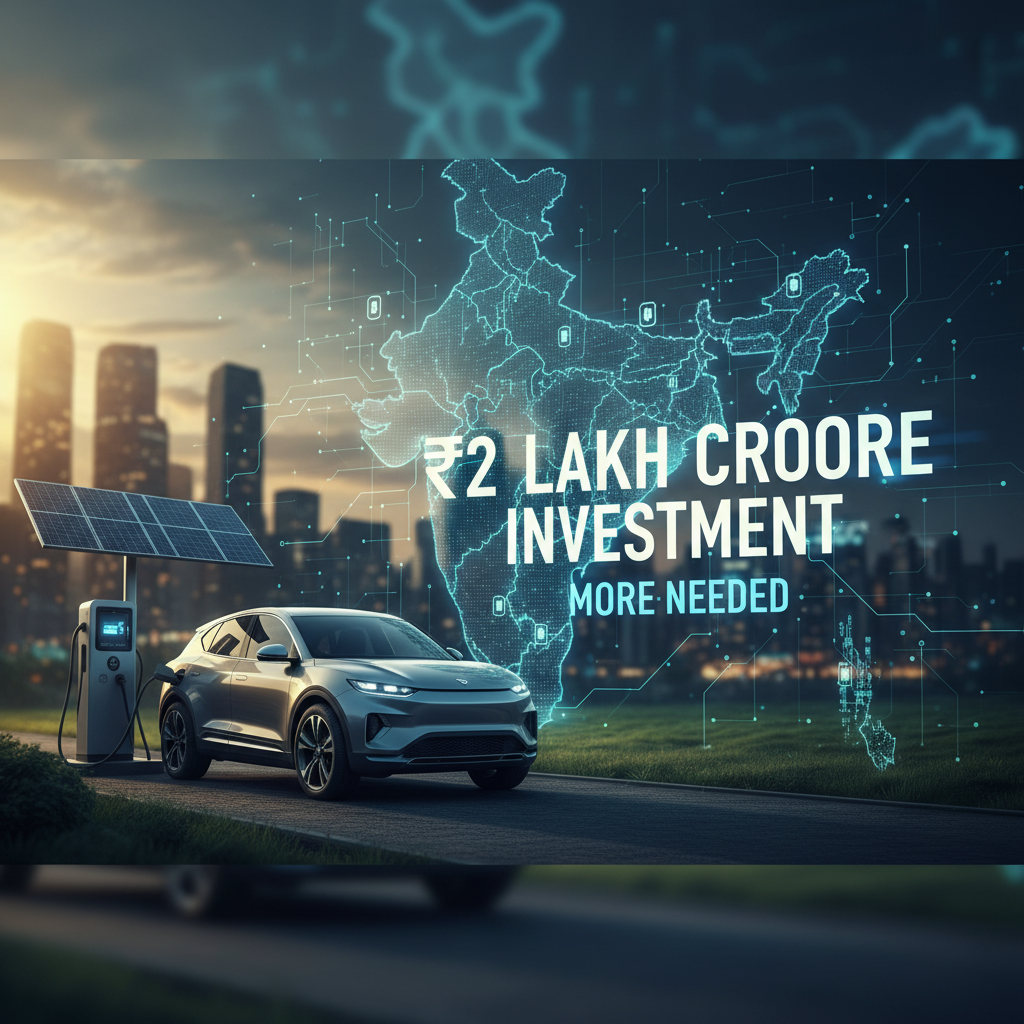 An electric car charging with solar panels, an outline map of India with financial text overlay, and a city skyline.
