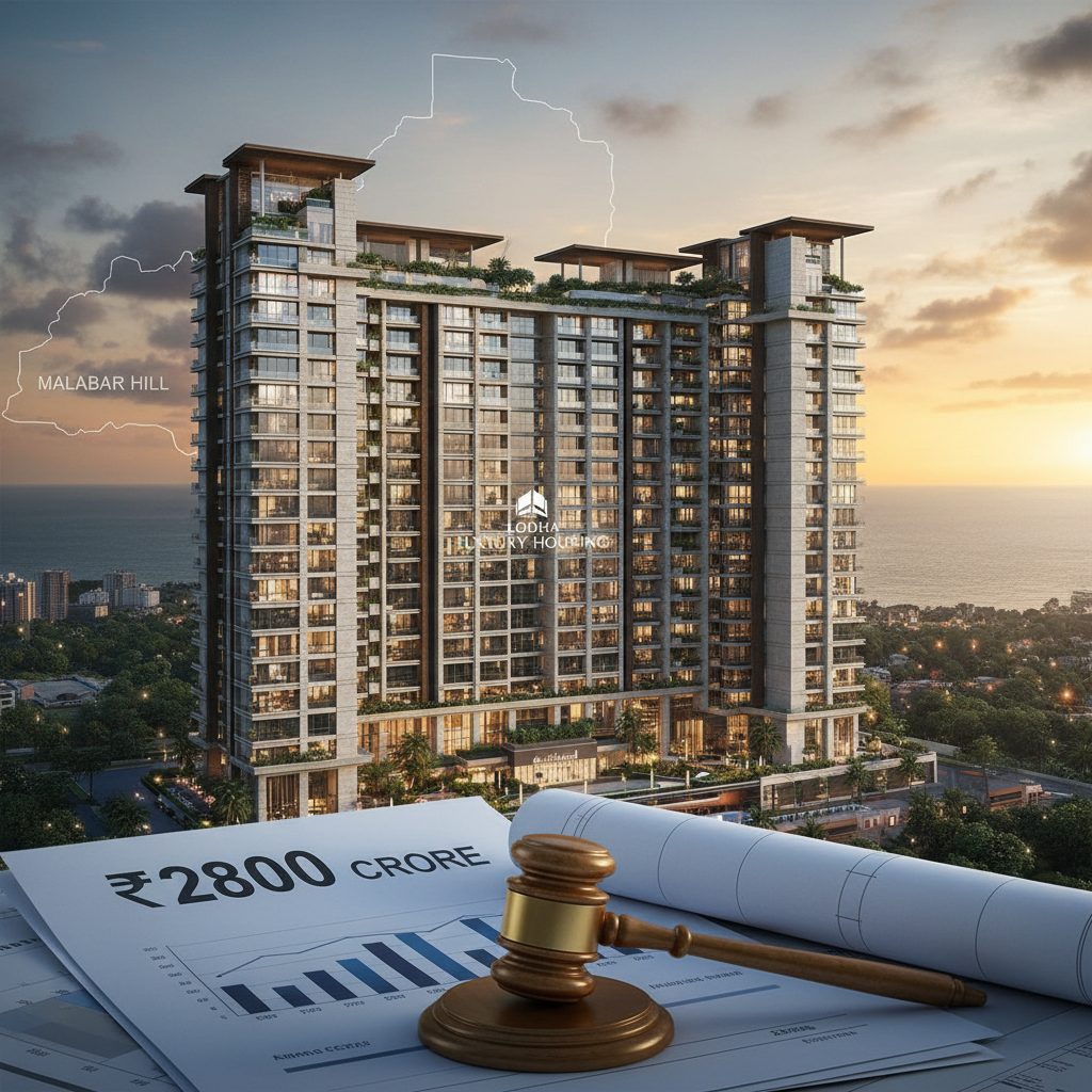 A high-rise luxury apartment building overlooking the sea at sunset, with a gavel, blueprints, and financial charts.