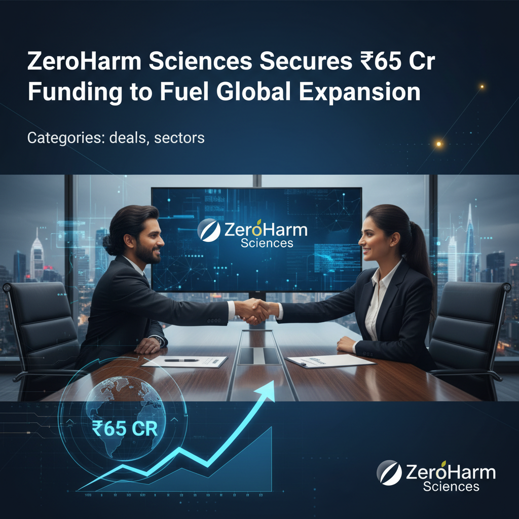 Two professionals shaking hands across a table, with a digital overlay indicating "₹65 CR" and an upward trend.