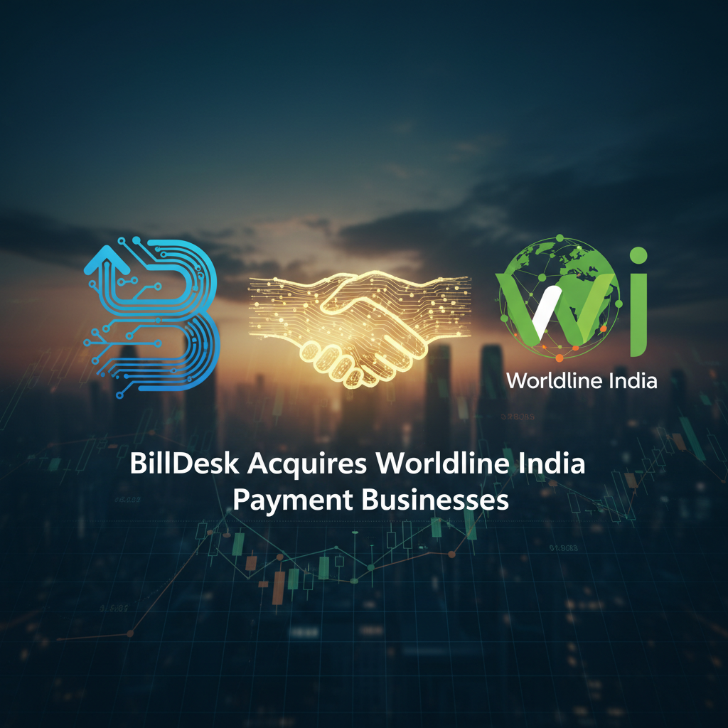 BillDesk and Worldline India logos shaking hands, symbolizing acquisition against a cityscape with financial data overlay.