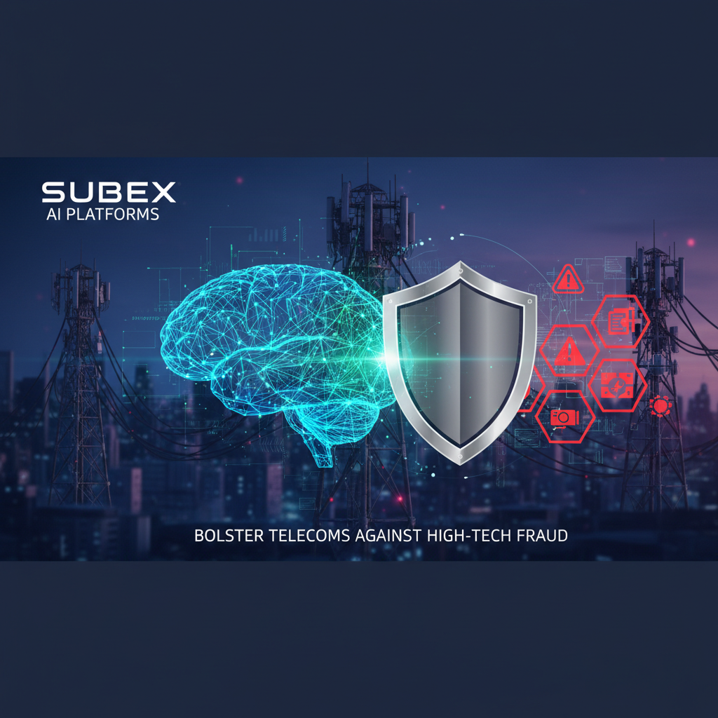 A shield and a digital brain symbolizing AI protection against fraud, with telecom towers in the background.