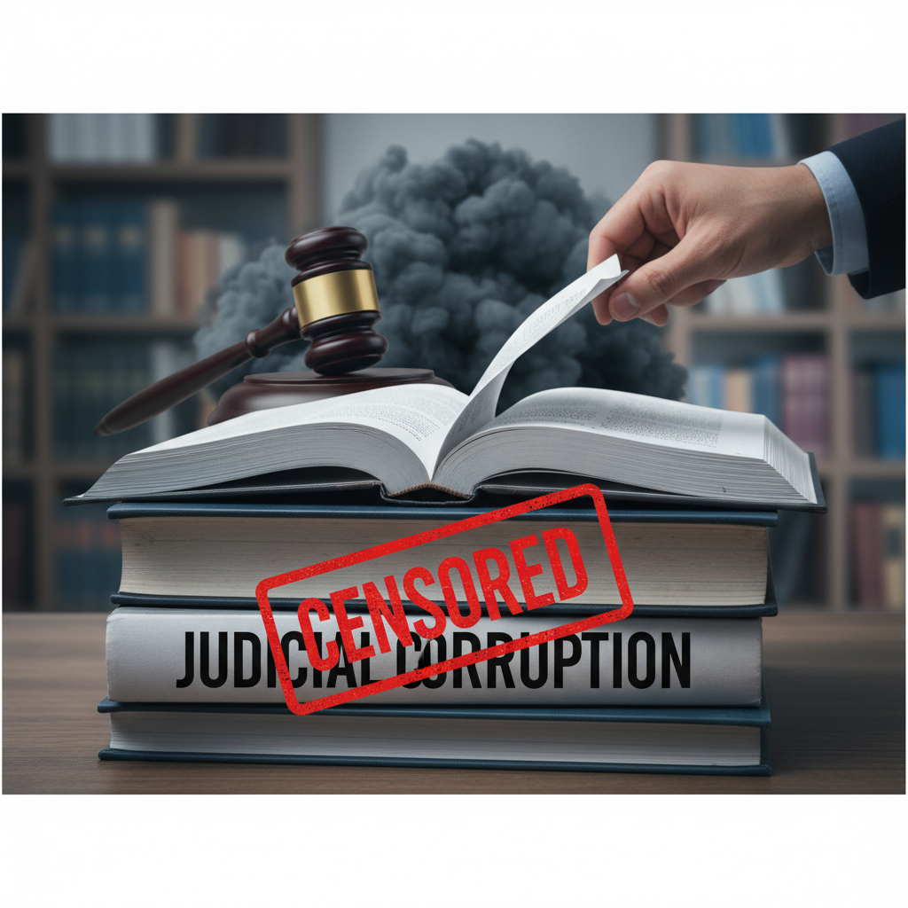 A hand censors "Judicial Corruption" in a textbook, with a gavel and smoke, representing policy controversy.