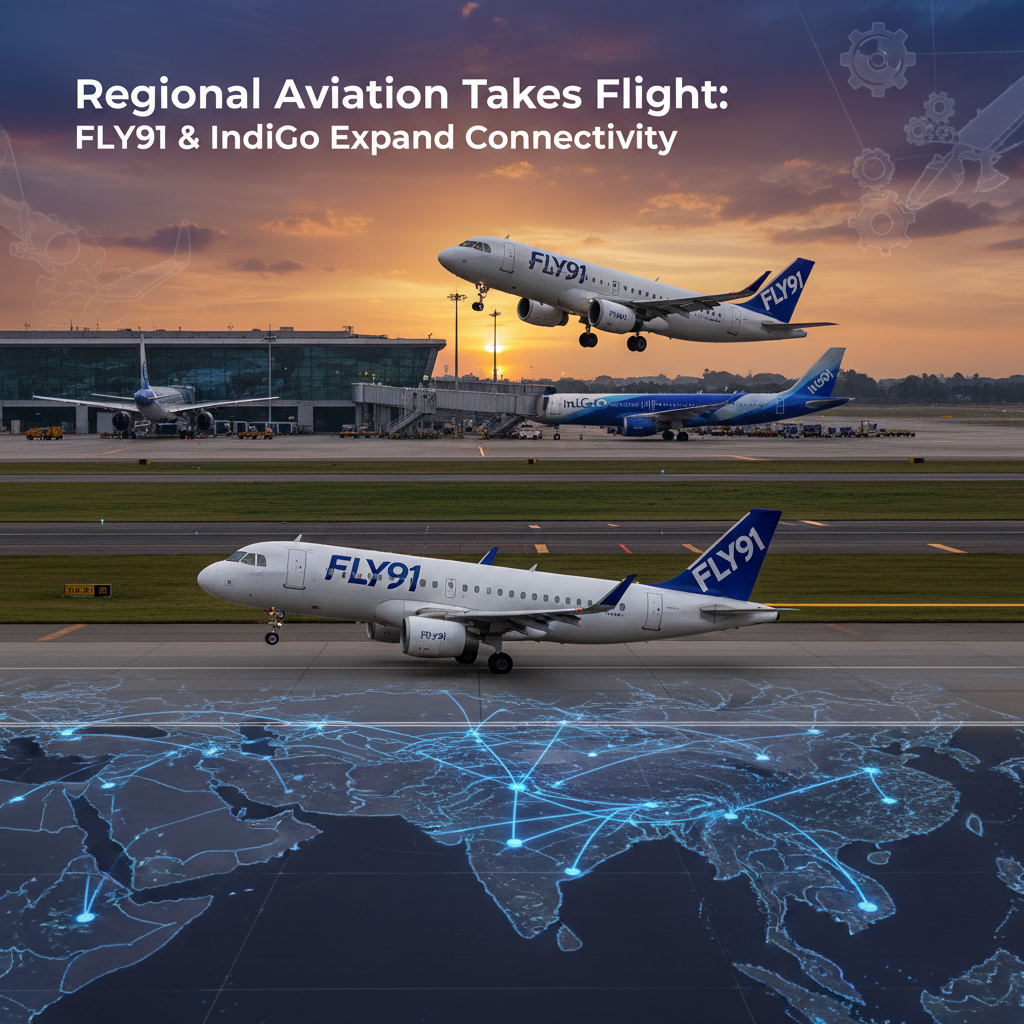 FLY91 and IndiGo airplanes at an airport with a digital network map, symbolizing expanded regional connectivity.
