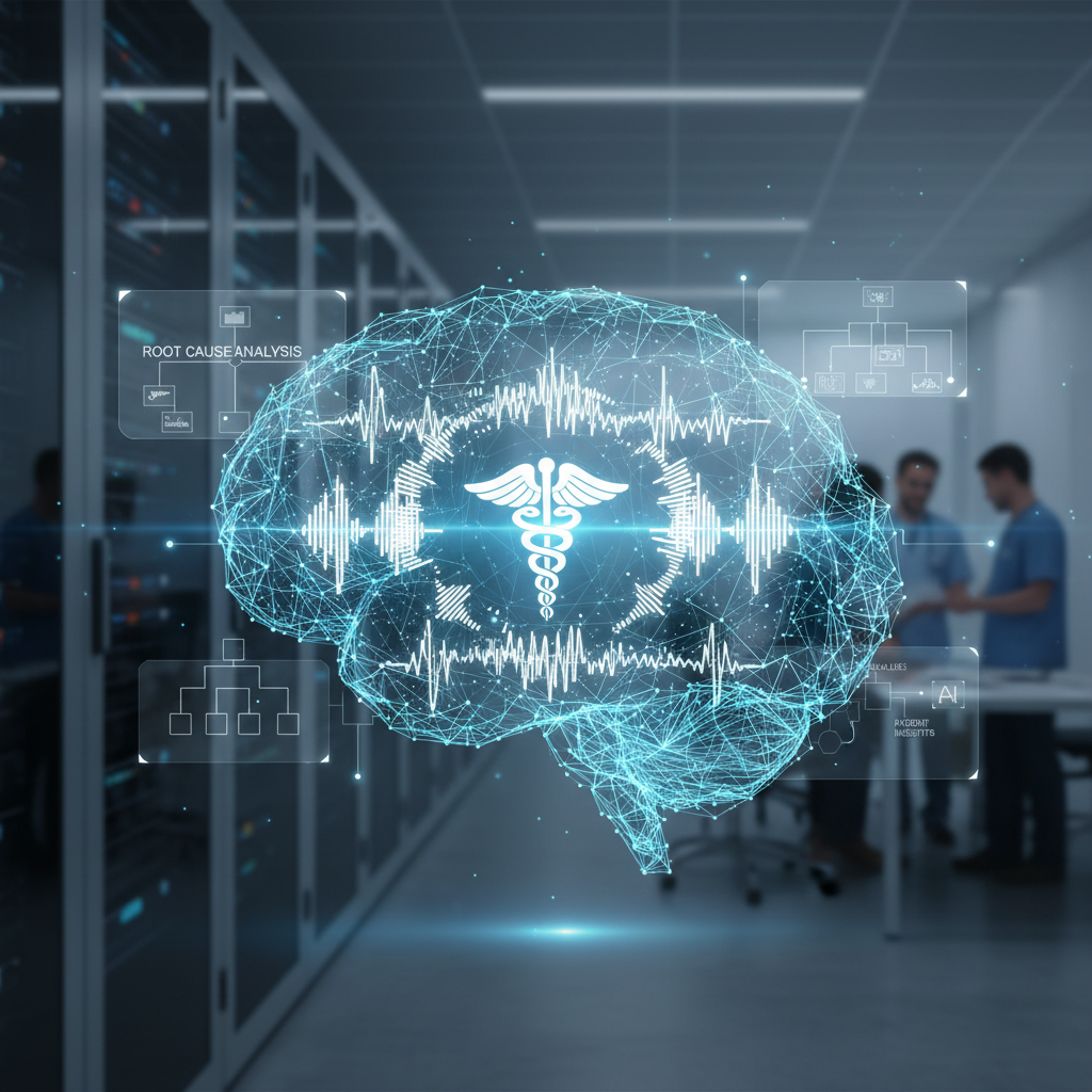 A digital brain with a caduceus symbol and sound waves, surrounded by data points, in a server room with medical staff.
