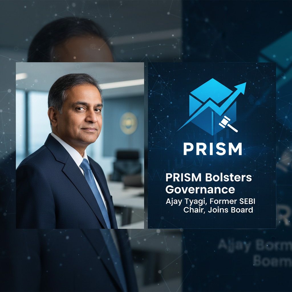A professional portrait of Ajay Tyagi next to a graphic representing PRISM, governance, and policy.
