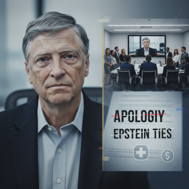A professional composite image showing Bill Gates with an overlay of a meeting and "APOLOGY EPSTEIN TIES".