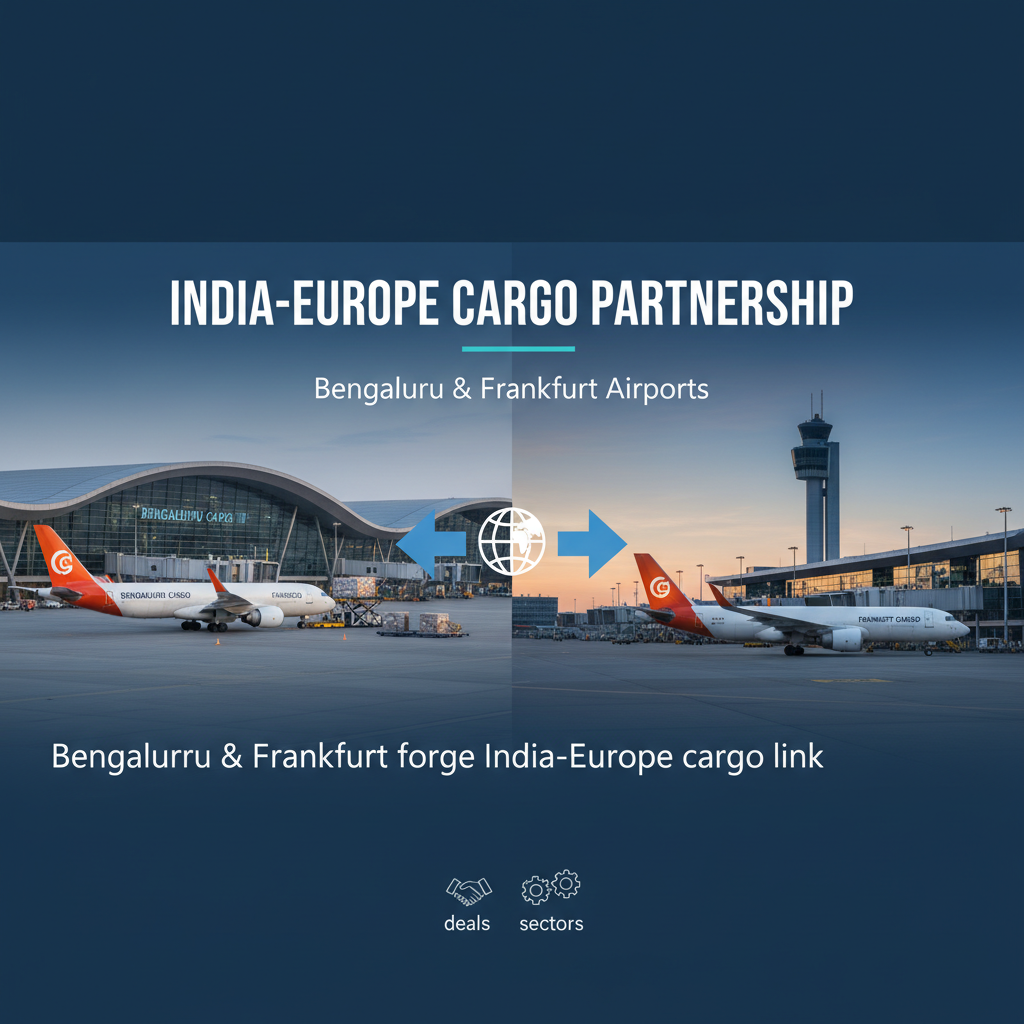 A split image showing Bengaluru Airport on the left and Frankfurt Airport on the right, connected by arrows and a globe icon.