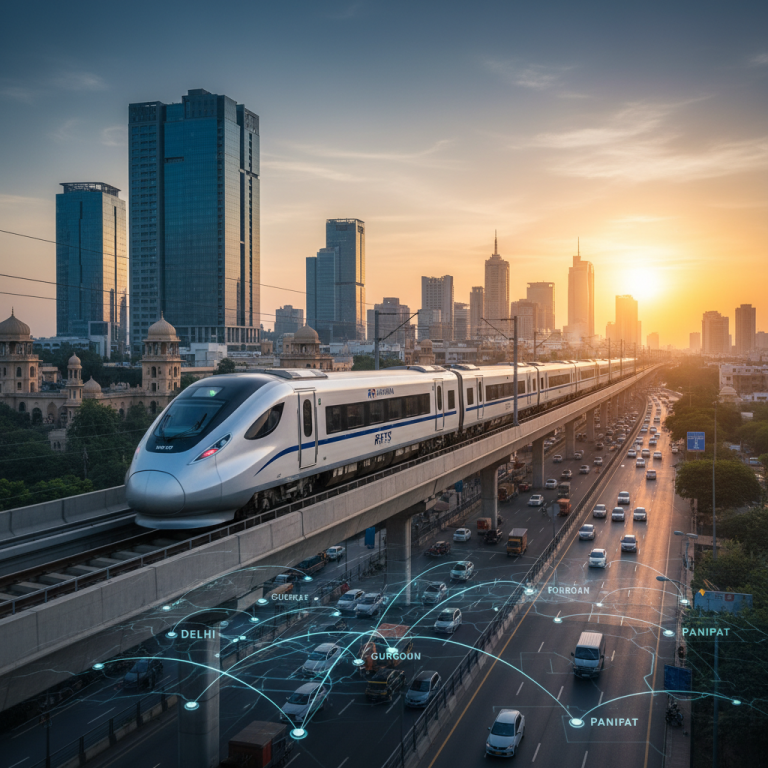 A modern RRTS train on an elevated track above a busy highway, with a city skyline at sunset and connectivity lines.