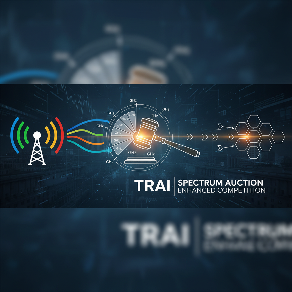 A gavel striking a spectrum divided into frequency bands, with a telecom tower and network icons.