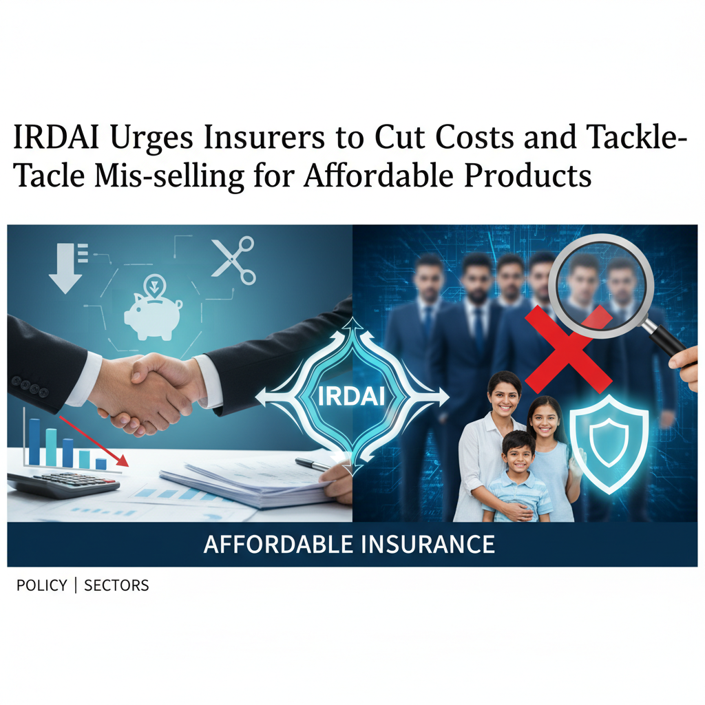 Two hands shaking with financial charts, "IRDAI" in a central hexagon, and a family protected, all against a blue background.