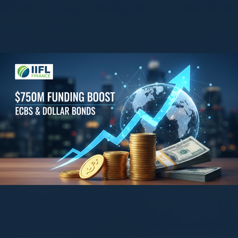 An image symbolizing financial growth, featuring the IIFL Finance logo, stacks of coins and dollar bills, and an upward arrow.