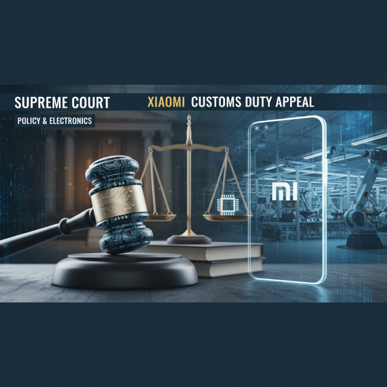 A gavel, scales of justice, and a transparent smartphone with the Xiaomi logo, symbolizing legal proceedings in tech.