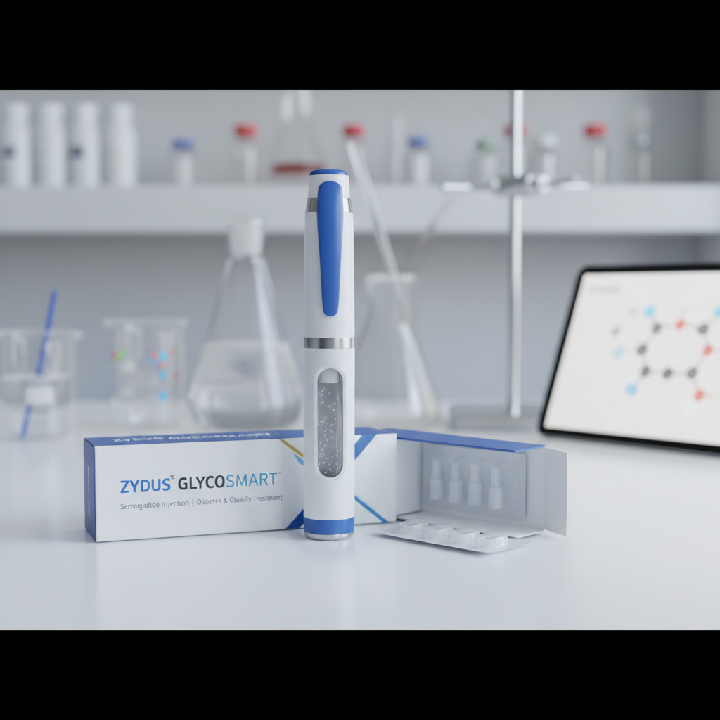Zydus Glycosmart reusable pen and packaging on lab bench