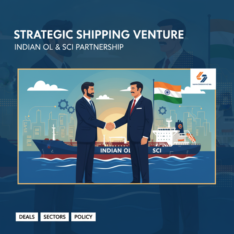 Two businessmen shaking hands in front of an oil tanker with Indian flags, symbolizing a strategic shipping venture.
