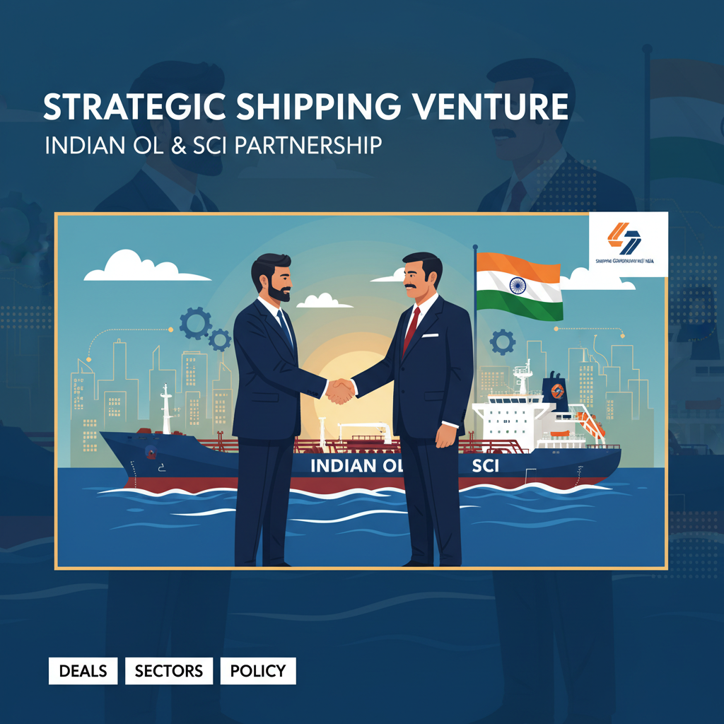 Two businessmen shaking hands in front of an oil tanker with Indian flags, symbolizing a strategic shipping venture.