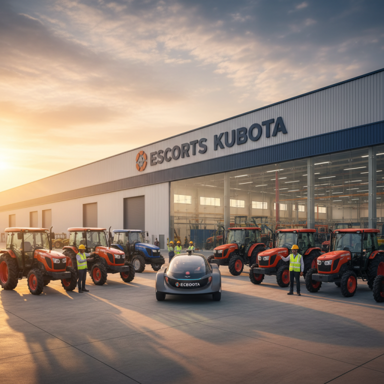 A wide shot of the new Escorts Kubota plant with several tractors and a new automotive model in the foreground.
