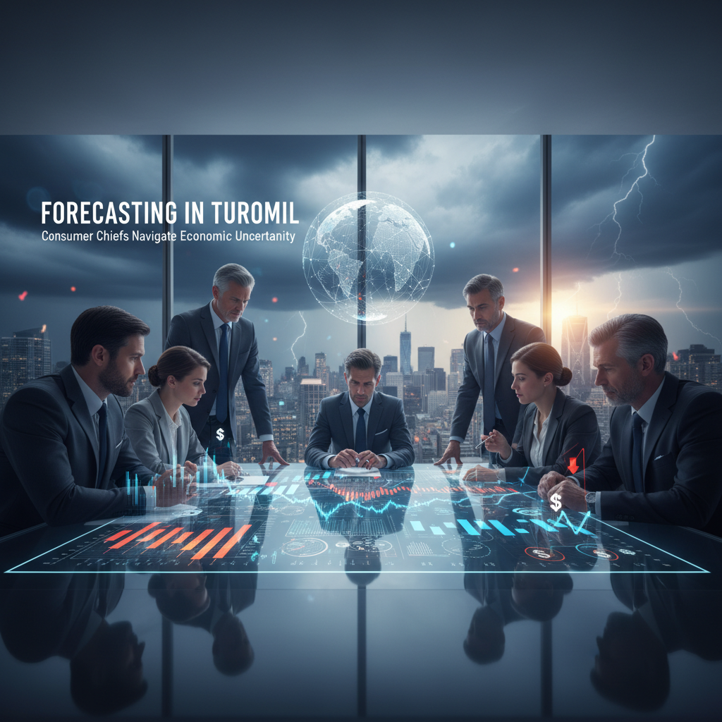 Business leaders in a meeting room with a stormy city view and holographic economic data.