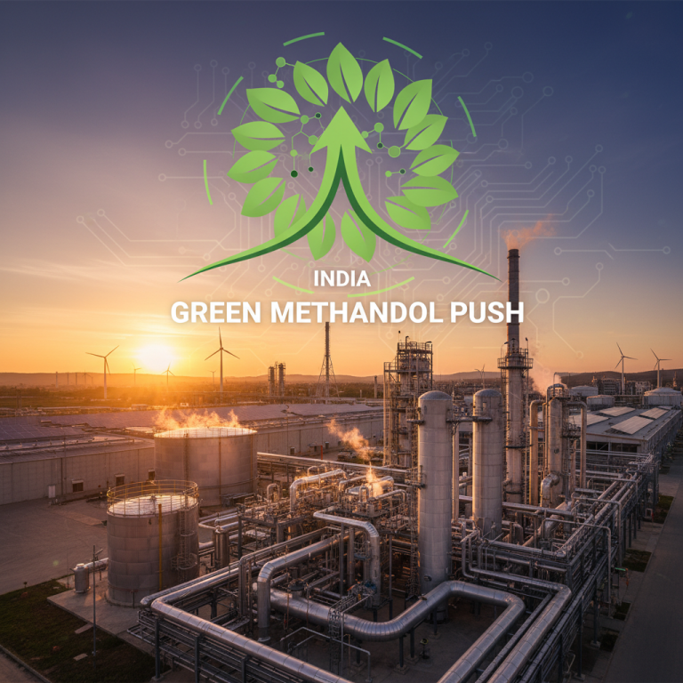 An industrial chemical plant at sunset with wind turbines and solar panels, overlaid with a green leaf and arrow graphic.